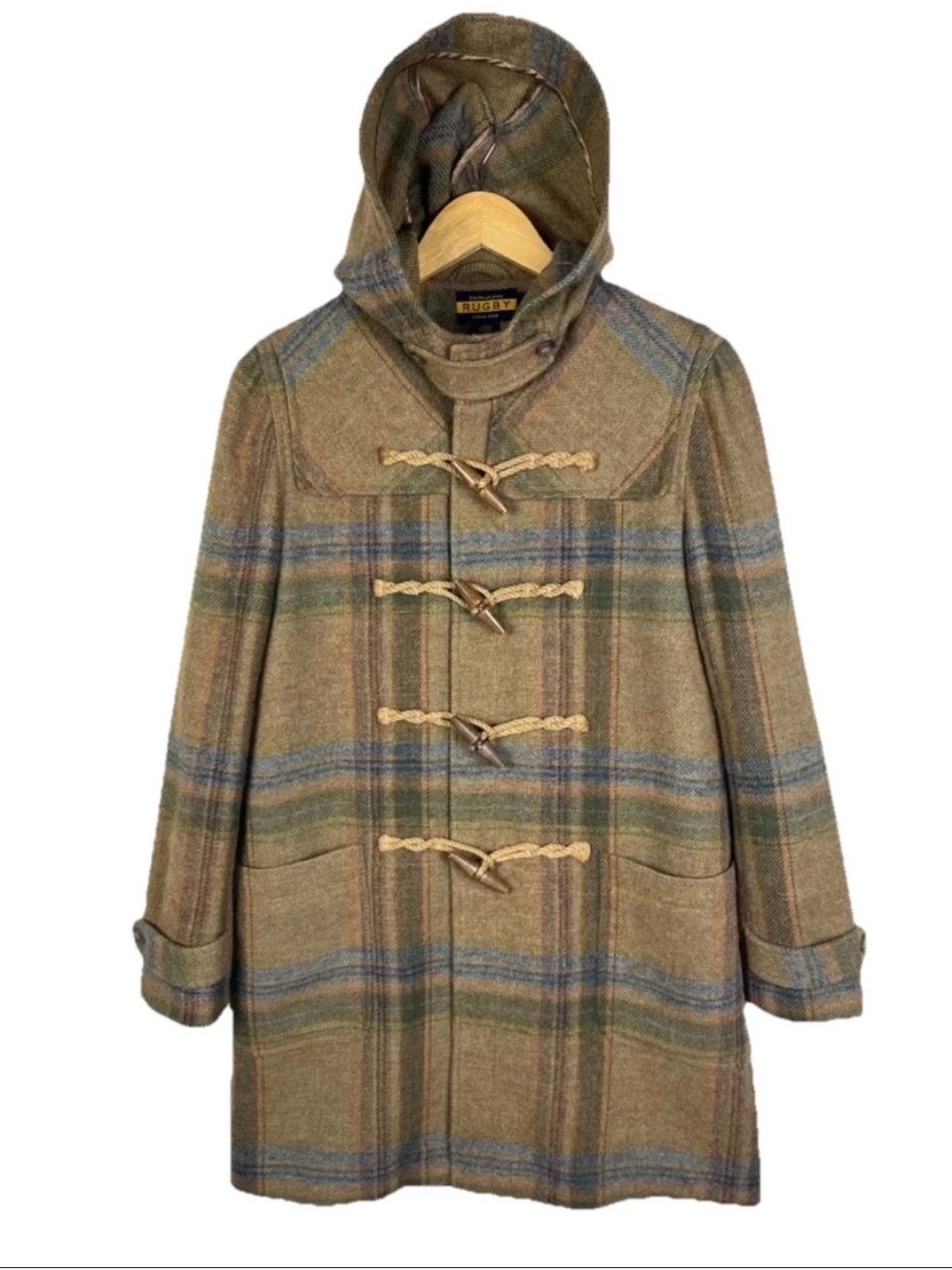 Ralph Lauren Rugby 100% Wool Hooded Toggle Front Plaid Duffle Coat Sz. 0